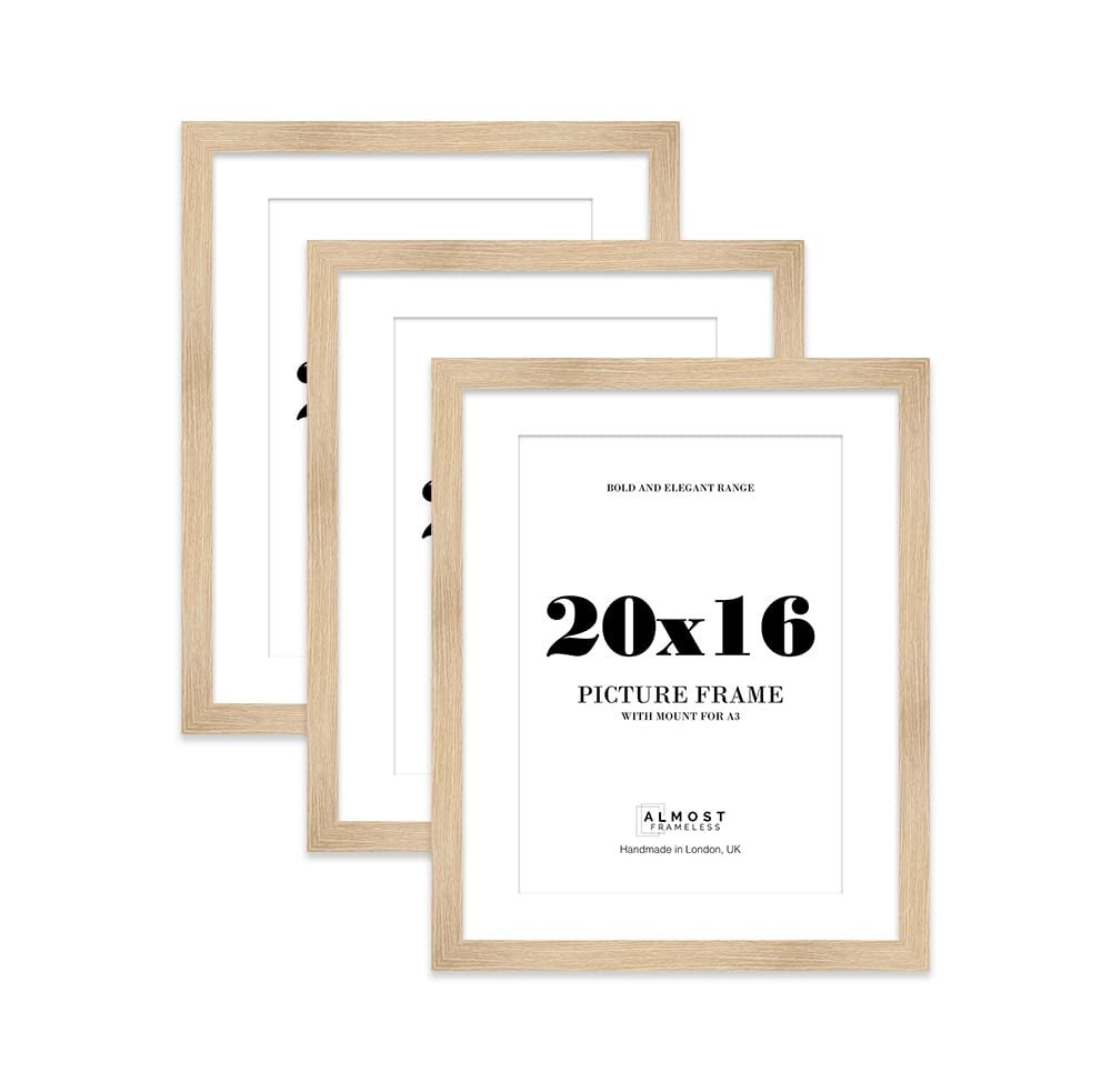 20x16 Oak Frame With Mount for A3 Pictures 28mm Edge Portrait and Landscape Display with Wall Hooks, 3 Pack