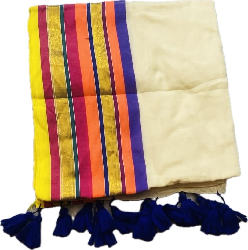 Image of Women's Mul Cotton Saree with Tassels | Soft Mulmul Saree | Woven Stripes & Zari Line | 5.5 Metres - Without Blouse