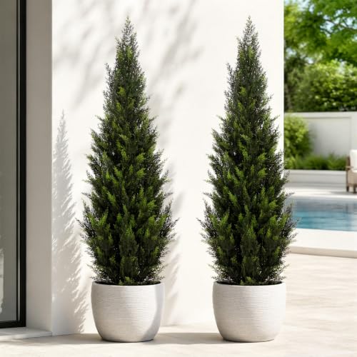 Image of Artificial Cedar Topiary Trees, 4 FT UV Resistant Faux Boxwood Plants,Front Porch Decorations Outdoor,Realistic Evergreen Cypress for Patio Decor Set of 2