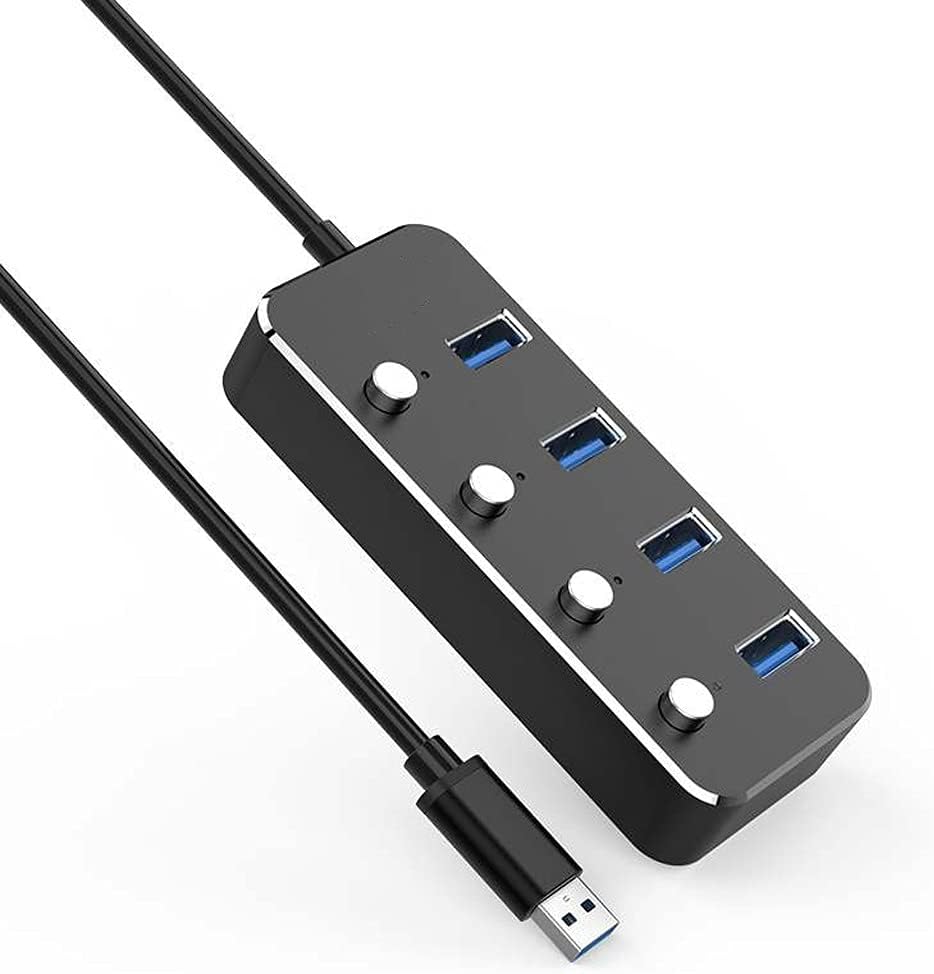 USB Hub Aluminum Alloy 4 Port USB 3.0 Hub Sub-Control Switch HUB 60/120cm Cable Upto 5Gbps Splitter (Color : Silver) (Black)