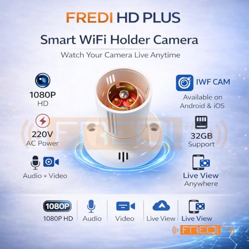 Image of FREDI HD PLUS Smart WiFi Bulb Holder Camera | 1080p Full HD Video with Audio | Works on Mobile & PC | 32 GB Card Support | Motion Recording | AC 220V Plug & Play Indoor Use for Home & Room