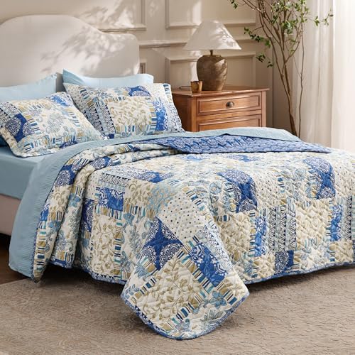 Image of Bedsure Patchwork Quilt Queen Size, Reversible Boho Comforter Bedding, Blue