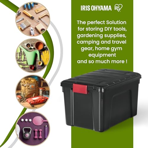 Iris Ohyama, Große Kunststoff-Aufbewahrungsbox, 60L, Garagen-box, Schwarz, Stapelbar, Robuste Schnappverschlüsse mit Griffen, SIA-60