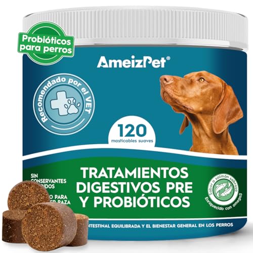 AmeizPet Prebióticos y Probióticos para Perros, Galletas Probiótica Perro - Probióticos Beneficiosos La Salud Intestinal del Perro, Golosinas Digestivas, 120 Chuches Caninas