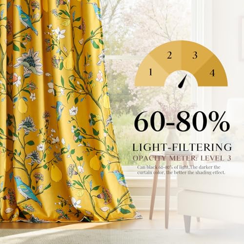 GIGIZAZA Luxurious Yellow Floral Velvet Curtains for Living Room - 2 Panels Set 46x90 Inch Eyelet Window Drapes with Hummingbird Lemon Flower Design - Image 5