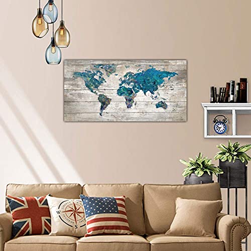 Abstract Watercolor Blue World Map Canvas Wall Art Prints For Living Room Office Large Teal White Watercolor World Map Picture Framed Artwork Decor For Home Bedroom Decoration 20X40 #TOP2