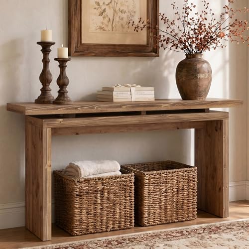 TRIBEWOOD 63-Inch Solid Wood Console Table for Entryway, Farmhouse Narrow Long Sofa Table Behind the Couch for Living Room, Hallway, Foyer, Entrance, Unique Dual-Layer Tabletop, Rustic Brown - image 1