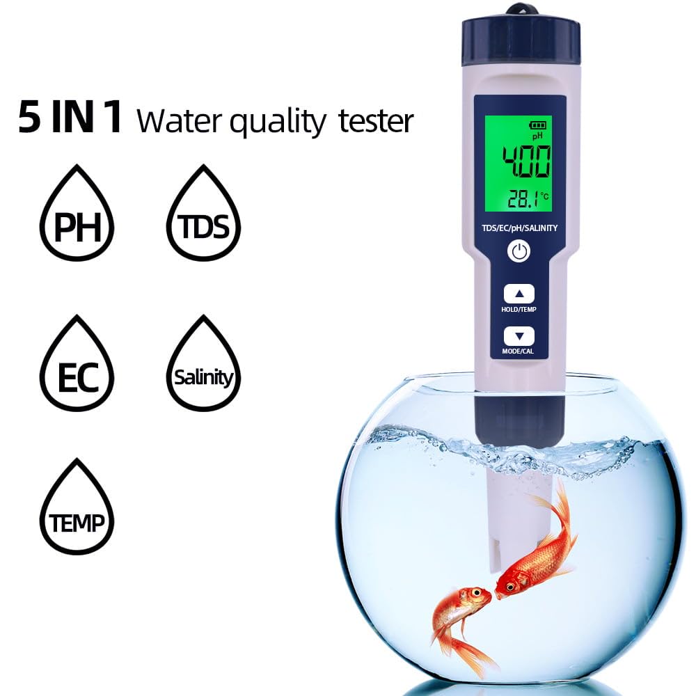 Testeur TDS, pH Mètre 5 en 1 pH Metre Piscine et Testeur Piscine Electronique, Mesure TDS/pH/Salinité/EC/Température, Écran LCD Rétroéclairé, Pour Piscine, Eau Potable, Hydroponie, Aquarium