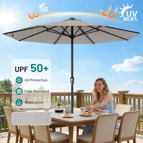 Image of AreShark 11FT Large Patio Umbrella with Solar Lights, Lighted Solar Umbrella with Crank, Outdoor Table Market Umbrellas for Garden, Deck, Backyard, Pool and Beach, Light Gray