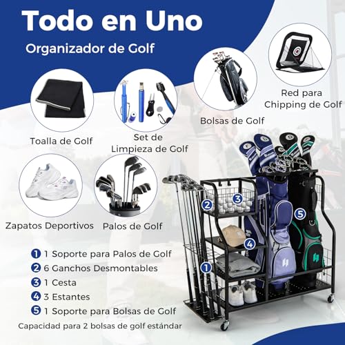 Miniatura 2 de Costway Organizador De Almacenamiento Para Palos De Golf, 3 Estantes Y 1 Cesta, Estante De Almacenaje Con Ruedas Extraíbles Para 2 Bolsas De Golf 6 Ganchos Para Accesorios De Equipos De Golf