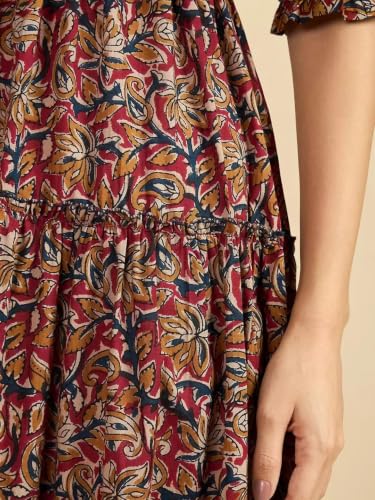 Image of PIDAVLIYA'S Women's Floral Summer Maxi Dress I Cotton Printed I One Piece Bodycon Midi Dress with V-Neck, Puffed Sleeves