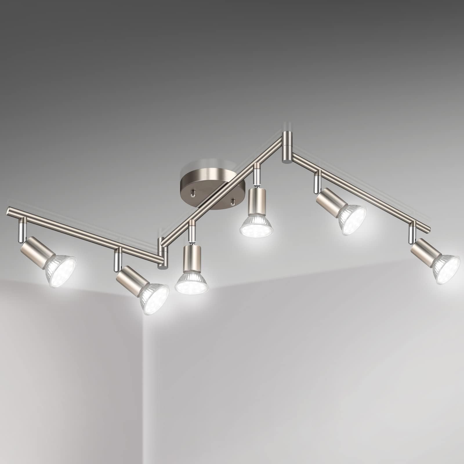 Unicozin LED 6 Light Track Lighting Kit, 46.5'' Matt Nickel 6 Way Ceiling Spot Lighting, Flexibly Rotatable Head, Modern Track Light Included 6 x LED GU10 Bulb (4W, Daylight White 5000K, 400LM)