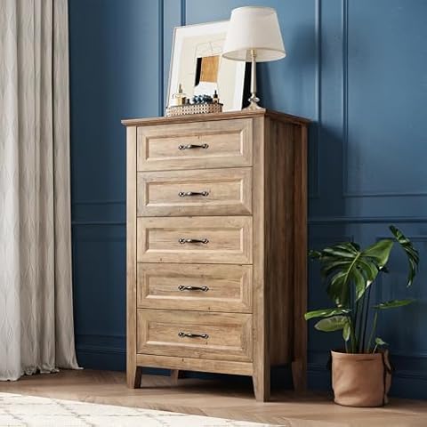 LINSY HOME Dresser for Bedroom, Rustic Chest of Drawers, 5 Drawer Dresser with Metal Handles, Tall Dresser for Entryway, and Closet Storage, Brown Cover