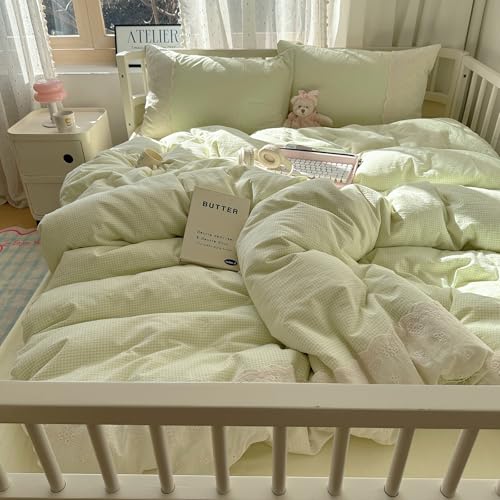 Image of MKXI Mint Green Gingham Duvet Cover Set King - 3-Piece Vintage Floral Bedding with White Lace Trim, Soft Washed Microfiber Princess Comforter Cover & Pillowcases for Girls, Sweet Cottagecore Style