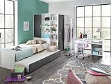 Jugendzimmer Joker 7 teiliges Komplett Set mit Eckkleiderschrank, Bett inklusive extra Ausziehliege, Schreibtisch Rollcontainer, Lattenrost und Deluxe Kaltschaummatratze, Weiß, Graphit, 386