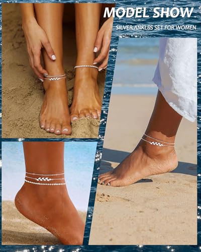 Image of ZHESHY Gold Silver Ankle Bracelets for Women 14K Gold Plated Anklets for Women Waterproof Cuban Link Heart Chain Anklets Set Non Tarnish Dainty Layered Anklet Bracelets for Women Summer Beach Jewelry