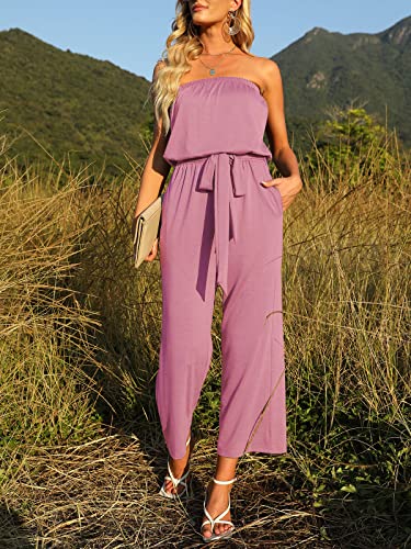 Zesica Women's 2023 Casual Off Shoulder Solid Color Strapless Belted Wide Leg Jumpsuit Romper,Dustypink,Medium #TOP1