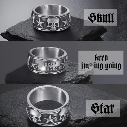 Keep Going Ring Gothic Star Skull Rings for Men Women Band Stainless Steel Silver Pentacle Skeleton Cocktail Party Biker Ring Size 8-132