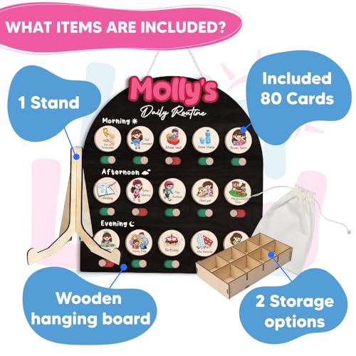 Image of Personalized Wooden Chore Chart for Kids, Daily Routine Chart for Toddlers, Visual Schedule for Kids Age 3-5, Morning Bedtime Routine for Girls (08)