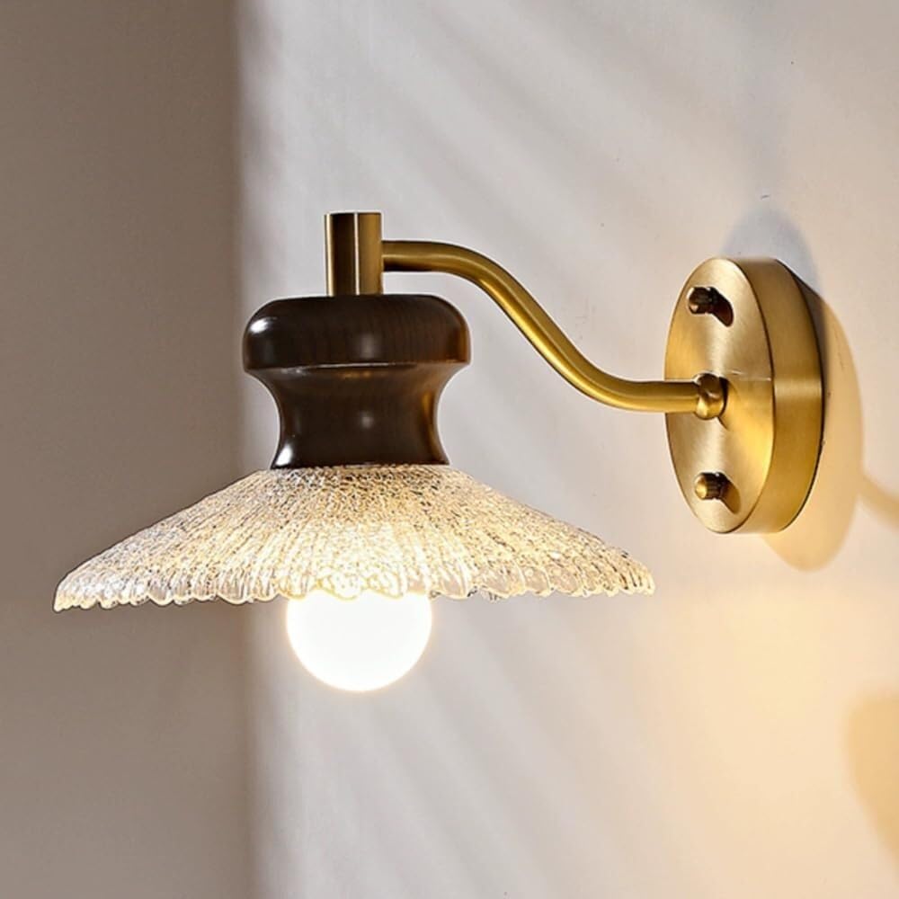 JKJZSALJ Modern Brass Wall Lamp Imitation Ice Crack Glass Wall Light Wabi Sabi Walnut Wood Wall Sconce, Japanese-Style Ash Wood Art Decor Elegant Brushed Brass Sconces for Bedroom Bed