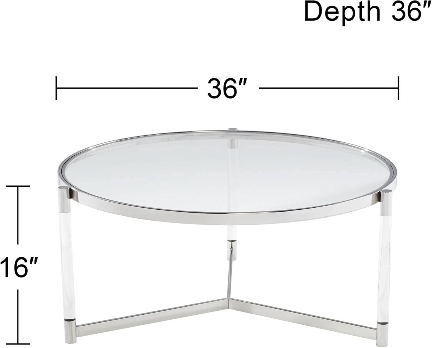 55 Downing Street Stefania Modern Minimalist Glam Metal Acrylic Round Coffee Table 36" Wide Clear Silver Glass Top for Spaces Living Room Bedroom Bedside Entryway Home House Balcony Office