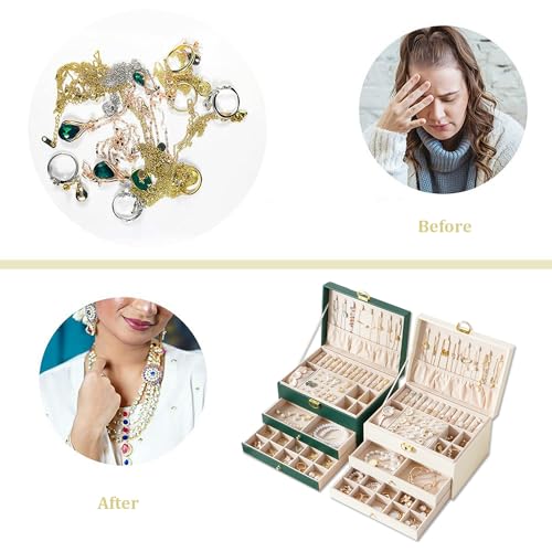 Image of GUOER Jewelry Box for Women Girl Wife 3 Layers Large PU Leather Jewelry Organizer Storage Case with Two Layers Display for Earrings Bracelets Rings Watches (Green)