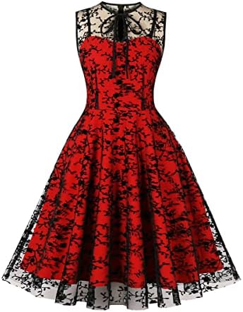Women Mesh Floral Embroidery Vintage Cocktail Swing Dress Illusio...