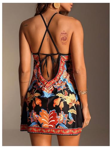 Image of RoseSeek Women's Floral Boho Dress Criss Cross Tie Backless Mini Dresses Halter A Line Sundress