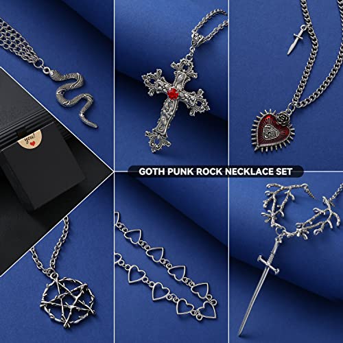Cogu 10Pcs Gothic Grunge Necklace Set Goth Punk Rock Emo Silver Necklace Jewelry Sword Cross Thorn Pentagram Love Heart Angel Wing Snake Evil Eye Halloween Necklace For Women Girl Teens With Delicate Gift Box #TOP4