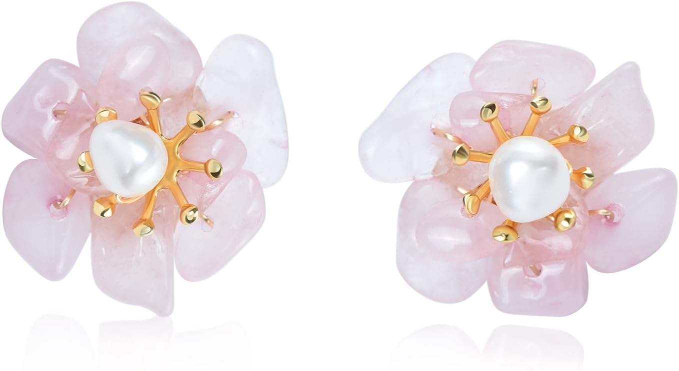 Crystal Gemstone Flower Stud Earrings with Pearl Center Handmade Stone Petal Earrings for Women Bridal Wedding Jewelry