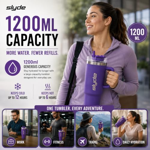 Image of Slyde 1200ml Stainless Steel Insulated Tumbler with Handle | Double Wall Vacuum Travel Mug | Leakproof Lid | Includes 2 Straws (1 Stainless Steel & 1 Plastic) Purple