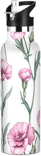 Miniatura 20 de Botella de agua estética de tulipán verde azulado para niños, con tapa de boquilla a prueba de fugas, aislamiento al vacío de doble pared, ligera