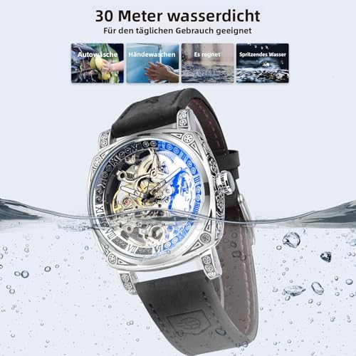 Image of FORSINING Fancy Watches for Men, Square Retro Mechanical Watch Self-Wind Carved, Gear Movement Golden Skeleton Automatic Watches Vintage Leather Strap Wrist Watch