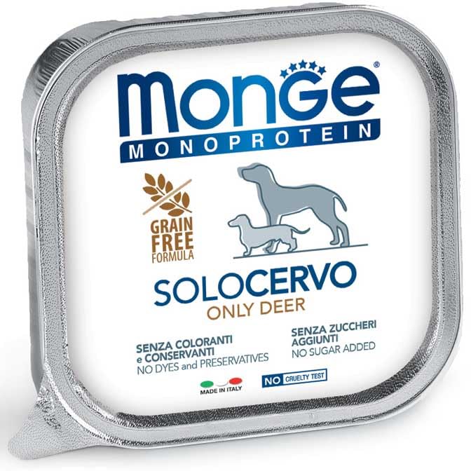 Monge Monoprotein Paté Solo Cervo, Cibo Umido per Cani, Grain Free, 24 Vaschette da 150 g