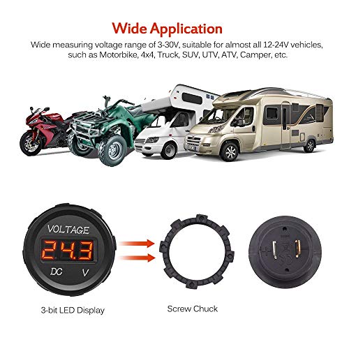 Mictuning J0001L Dc 12V Led Display Voltmeter Waterproof For Boat Marine Vehicle Motorcycle Truck Atv Utv Car Camper Caravan Red Digital Round Panel #TOP3