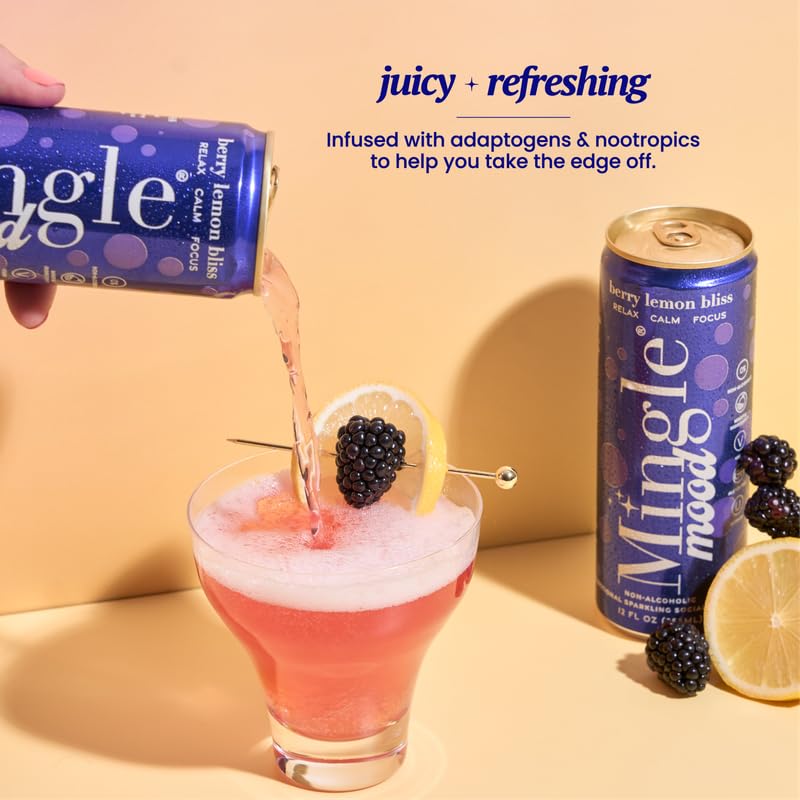 Mingle Mocktails Berry Lemon Bliss, Nootropic Non Alcoholic Drinks with Ashwagandha, L-Theanine, Lion's Mane, Adaptogens, Alcohol Alternative Pre-Mixed Mocktails, Gluten Free Vegan, 12 Pack 12 fl oz