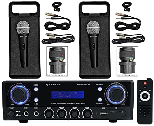 Rockville BLUAMP 100 Home Stereo Bluetooth Amplifier with USB/RCA Out Bundle with (2) Rockville RMP-XLR Dynamic Cardioid Professional Microphone W/10' XLR Cable + Clip