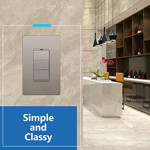 Image of LIDER Lighted Triple Switch with Screwless Wall Plate, Combination Frameless Decorator Switch with Locator Light, Ground Terminal Single Pole, 15A 120V, UL Listed, Thermoplastic, Matte Nickel, 2-Pack