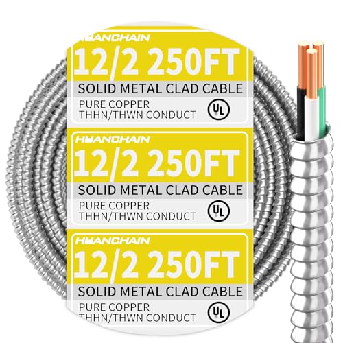 12/2 MC Cable with Ground 250 FT 12 Gauge 2 Conductors Electrical Wire with Aluminum Armor Solid Pure Copper Cable for Indoor and Outdoor Installation UL Listed