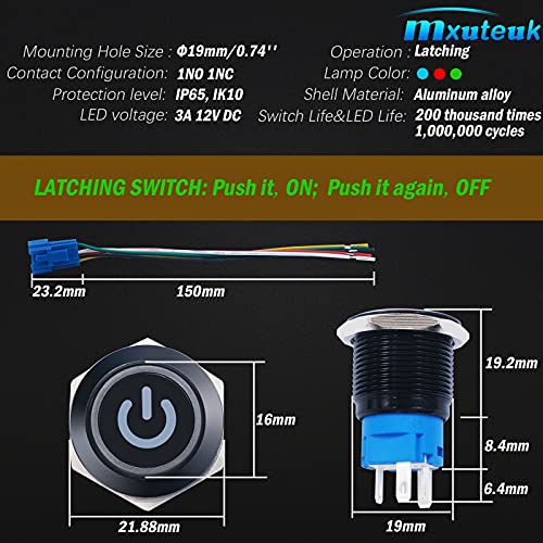 Mxuteuk L-19-POWER-B-G 19Mm Waterproof Latching Push Button Switch 12V On/Off Switch 1No 1Nc Spdt Black Metal With Green Power Symbol Light thumb #2