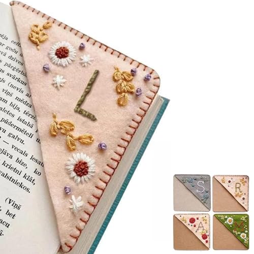 Personalized Hand Embroidered Corner Bookmark, 26 Letters Cute Flower Embroidered Corner Bookmark Embroidery Book Marker Clip for Book Lovers Bookmarks for Reading Lovers Meaningful GIF (Spring, L)