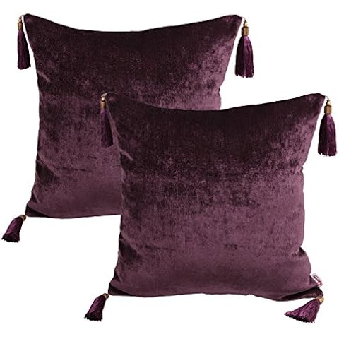 Queenie® - 2 Pcs Solid Color Chenille with Tassels at The Corners Pillowcase Throw Cushion Cover for Sofa Pillow Case 18 X 18 Inch 45 X 45 Cm, Set of 2 (Plum) Cover