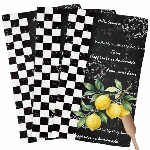 Image of Kitchen Towels Yellow Lemon Dish Cloths Black White Buffalo Check Plaid Dish Towel Cleaning Cloth Ultra Soft Absorbent Quick Drying 3 Pack Hand Towels for Kitchen, Bathroom