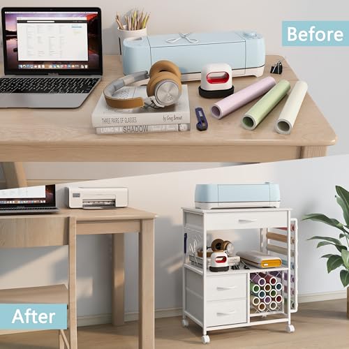 Image of VENNQD Storage cart Compatible with Cricut Machines Stand Cutting Machine Stand with Drawers and Vinyl Roll Holder Rolling Craft Cabinet Table for Cricut Craft Workstation for cart Craft Room (White)