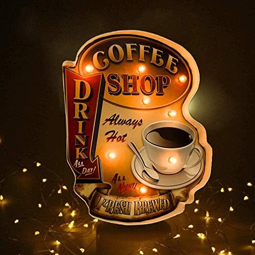 ACoiay Coffee Sign, Wall Hanging Coffee Wall Decor, Vintage Metal Signs LED Lights Coffee Shop Decor, Kitchen Diner Office Living Room Decorations Battery Operated 12 x 15 Inches
