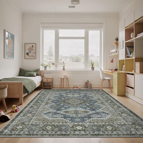 Rugland 8x10 Area Rugs - Stain Resistant Washable Rug, Anti Slip Backing Rugs for Living Room, Vintage Tribal Area Rugs(TPR07-Green, 8'x10')
