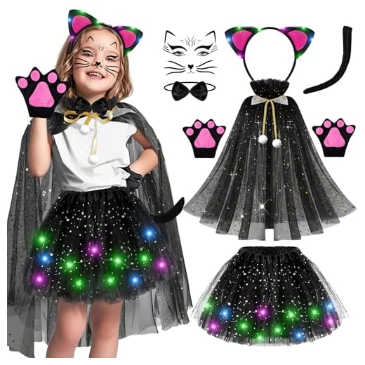 MOVINPE Fantasia de gato preto para meninas com saia tutu de LED, faixa de cabeça, capa, cauda, luvas de pata de gato, gravata borboleta, tatuagem facial, fantasia infantil de Halloween para crianças