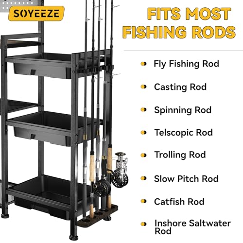 Image of SOYEEZE Fishing Rod Holders for Garage, 3 Storage Boxes for Reels & Fishing Accessories, 10 Rod Capacity Fishing Pole Holder with Pegboard, and 3-Tier Shelf for Tackle Box, Fishing Gear Organizer