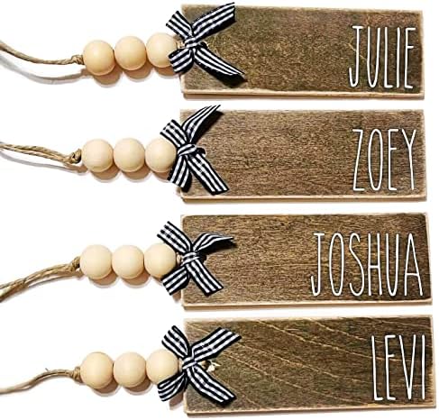 Wood Stocking Name Tags, Personalized Stocking Tags, Farmhouse Christmas Stocking Tag, White and Black Buffalo Check