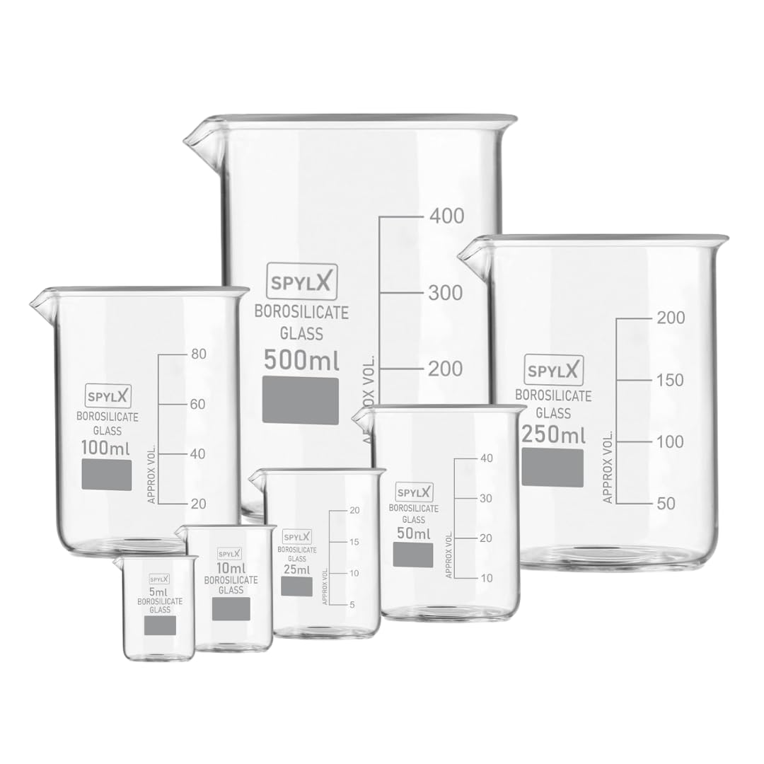 SPYLX Borosilicate Glass Beaker 5 ml, 10 ml, 25 ml, 50 ml, 100 ml, 250 ml, 500 ml with Graduation Marks, Set of 7 Beakers, These beakers is suitable for science lab,Home and Kitchen use. (B09G15ZDXR) Amazon Price History, Amazon Price Tracker